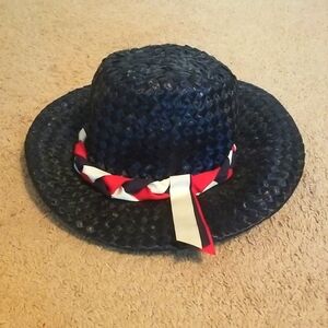 Vintage Suzanne Navy Blue Fancy Hat with Red/White/Blue Braided Ribbon
